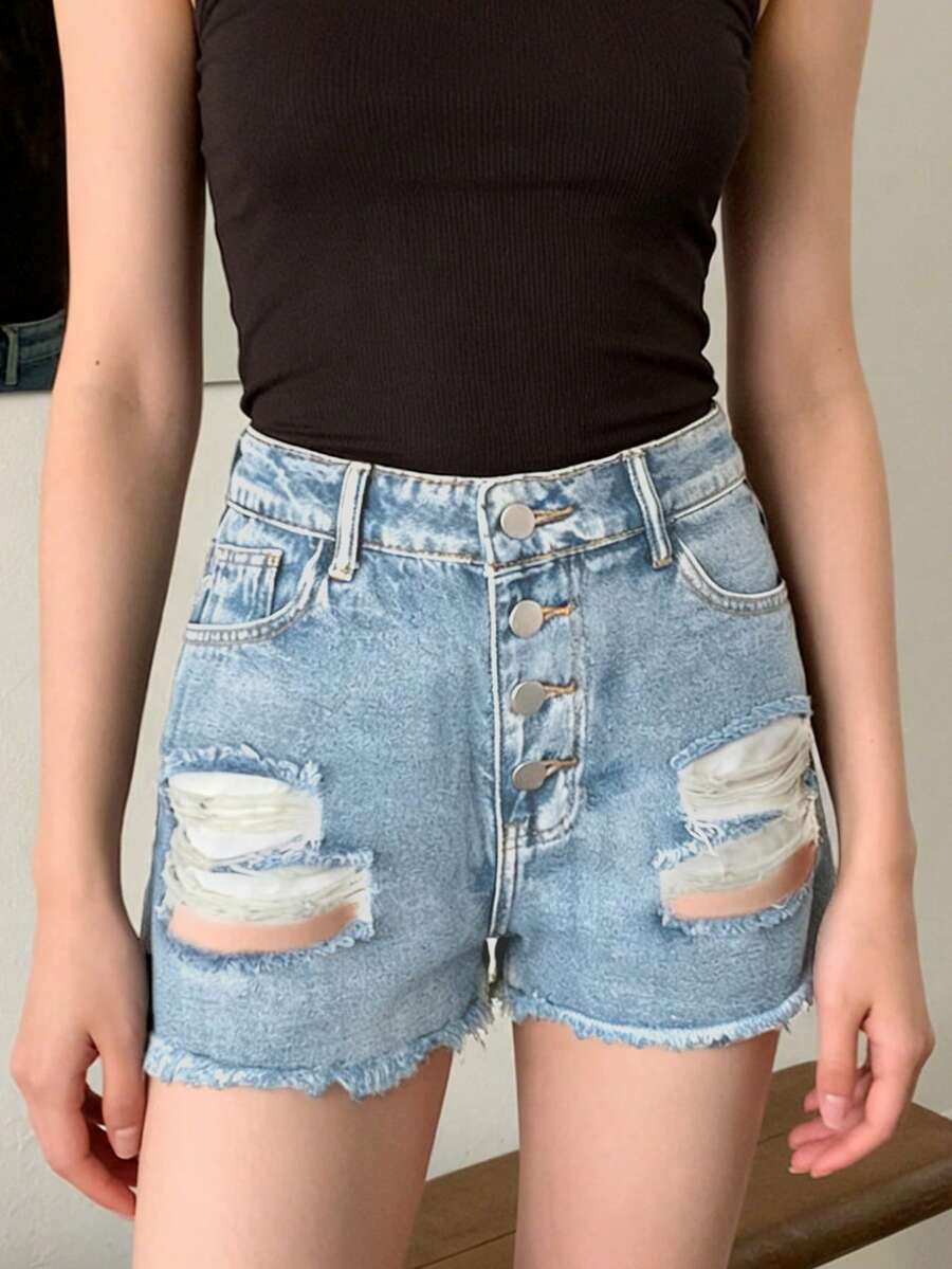 Shorts Denim Frayed - Kadınlar İçin Orta Bel Yırtık Detaylı