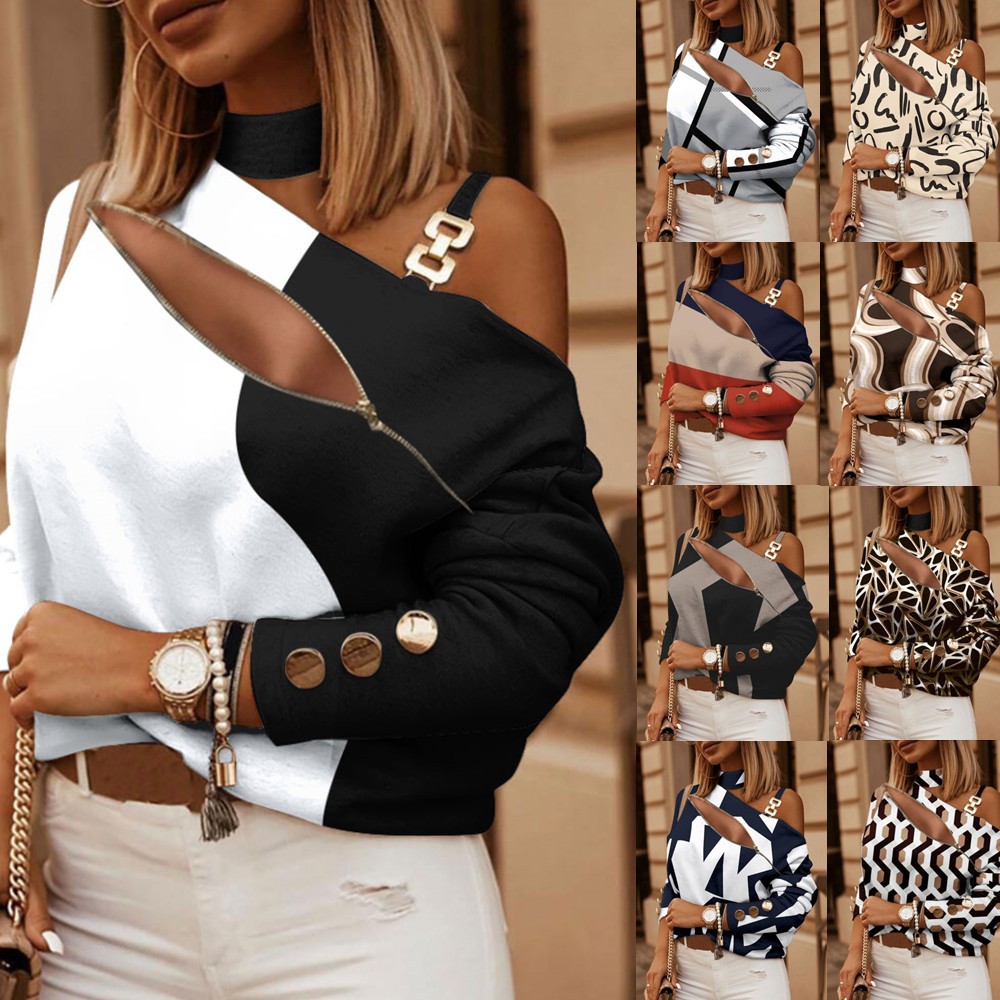 Blouse Off Shoulder - Kadın Düğme Detaylı Zincir Yaka Baskılı