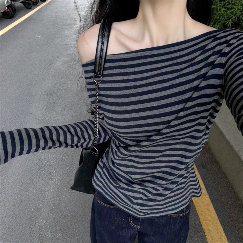 Blouse Off Shoulder - Kadınlar Vintage Çizgili Omuzları Açık Uzun