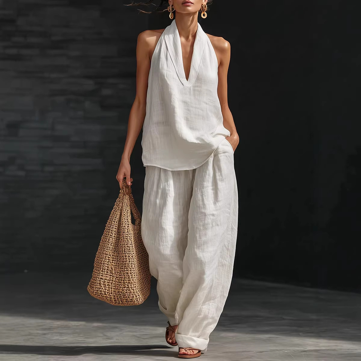 Linen Pant Wide - Yazlık Retro Düz Renk Pamuklu Keten