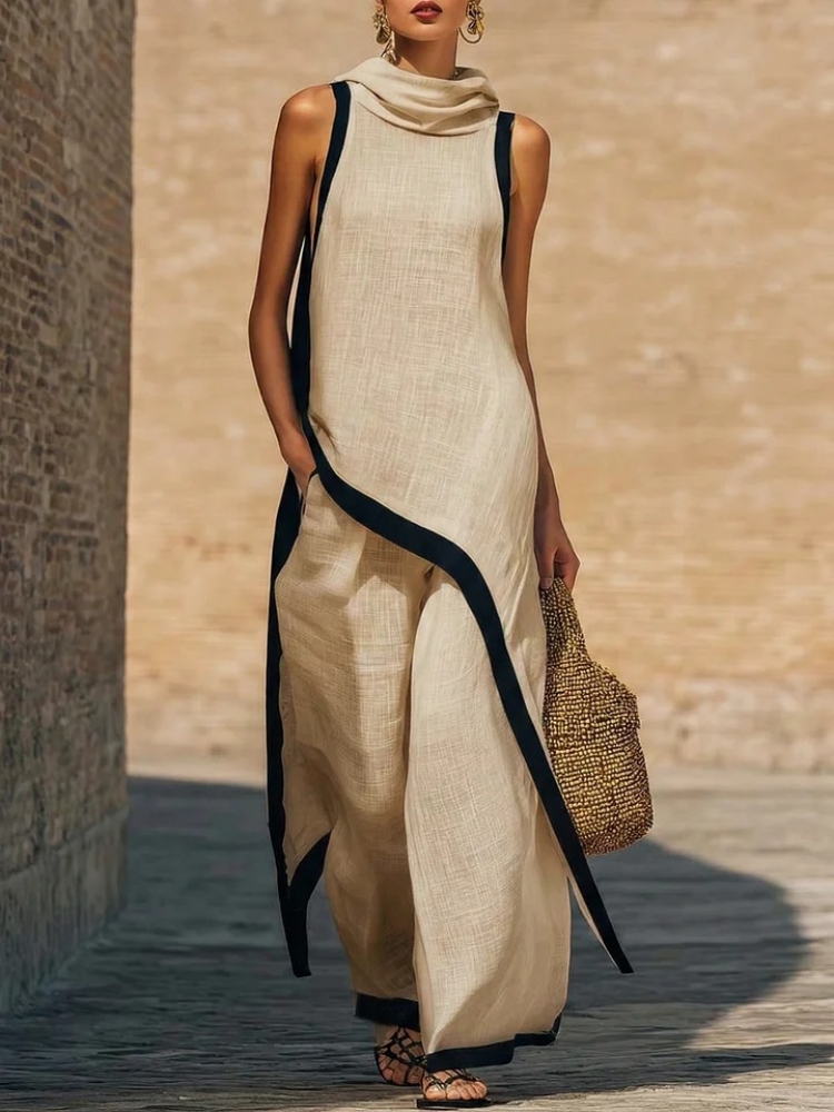 Linen Pant Wide - Kadın keten kontrast renkli kolsuz asimetrik