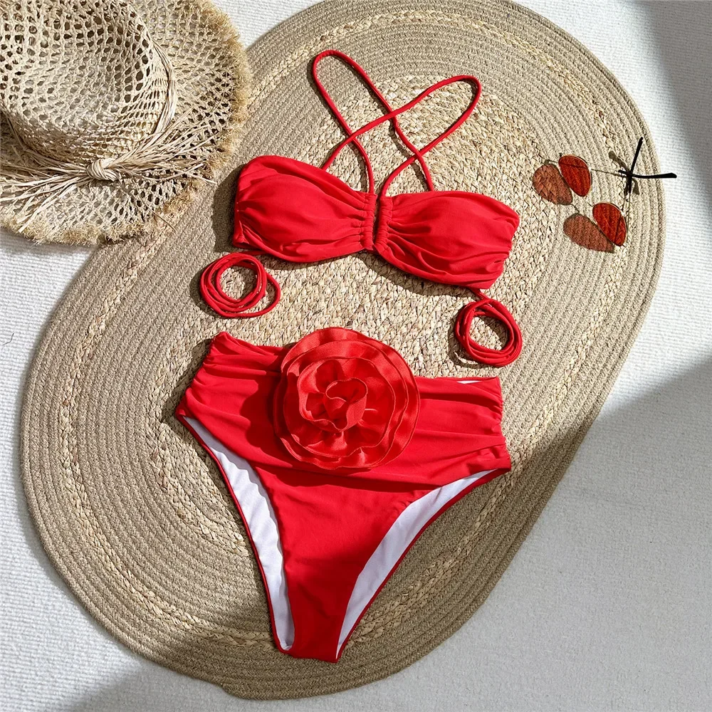 Seksi Kırmızı 3D Çiçek Mayo Ha - Swimsuit Bikini Ruched incelemesi ve fiyatı