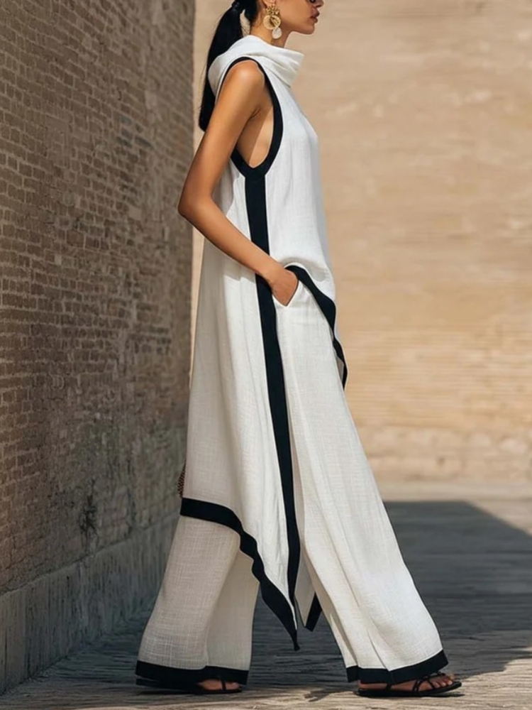 Kadın keten kontrast renkli ko - Linen Pant Wide incelemesi ve fiyatı